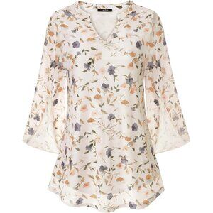 👑 Womens Apricot Floral Mesh 3/4 Sleeve V Neck Lose Fit Double Layer Tunic Tops